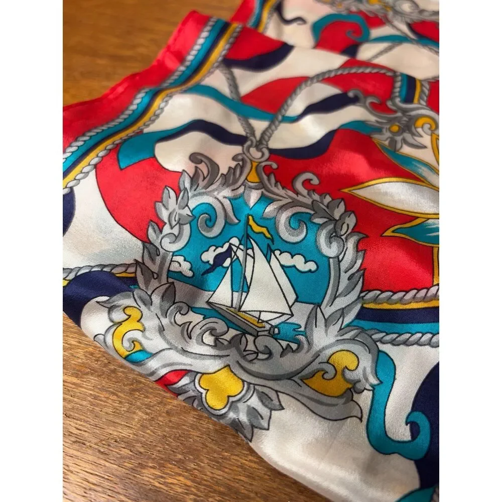 Vintage Nautical 100% Silk Scarf Red White Blue Made in Japan